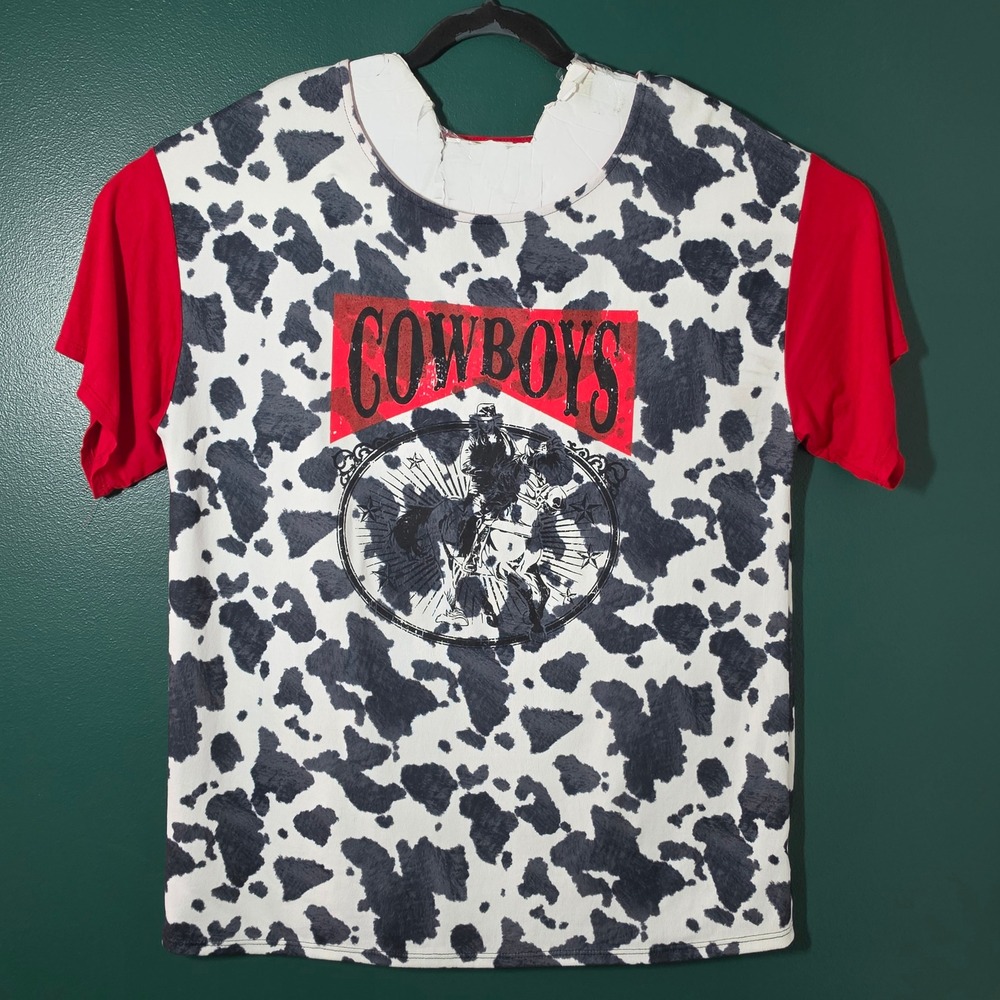 Blue Buttercup Cow Print Cowboys Graphic T-Shirt Red Sleeve Western USA Women XL